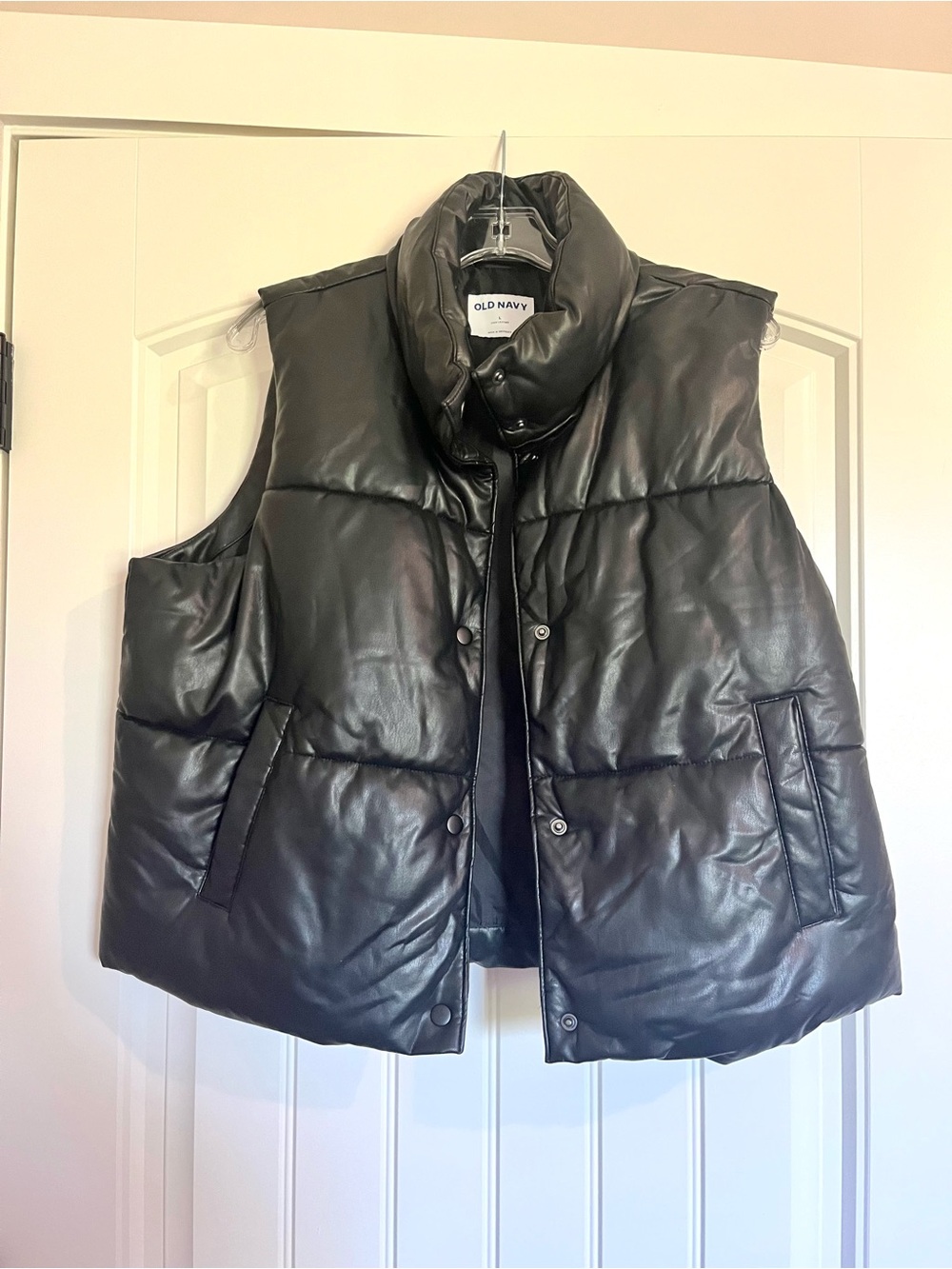 Old Navy Black Faux Leather Bikercore Puffer Vest